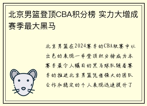 北京男篮登顶CBA积分榜 实力大增成赛季最大黑马