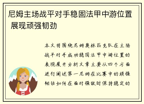 尼姆主场战平对手稳固法甲中游位置 展现顽强韧劲
