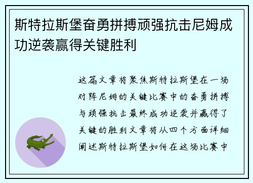 斯特拉斯堡奋勇拼搏顽强抗击尼姆成功逆袭赢得关键胜利
