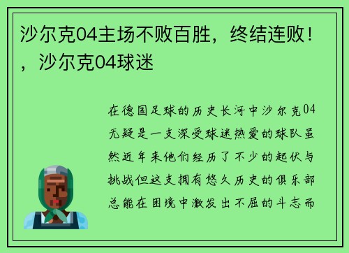沙尔克04主场不败百胜，终结连败！，沙尔克04球迷