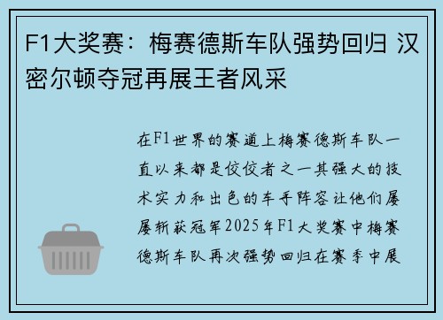 F1大奖赛：梅赛德斯车队强势回归 汉密尔顿夺冠再展王者风采