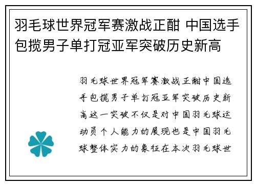 羽毛球世界冠军赛激战正酣 中国选手包揽男子单打冠亚军突破历史新高