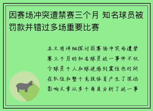因赛场冲突遭禁赛三个月 知名球员被罚款并错过多场重要比赛