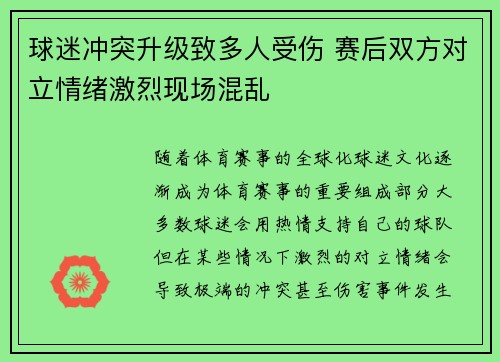 球迷冲突升级致多人受伤 赛后双方对立情绪激烈现场混乱